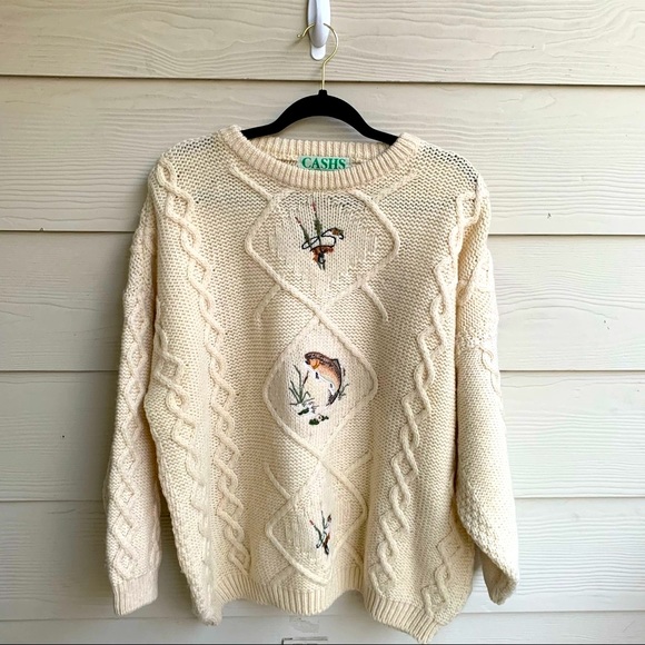 Vintage Sweaters Vintage Cashs Of Ireland Wool Sweater Bass Fishing